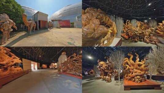 穿越机航拍木雕展览馆大型木雕艺术品山海经高清在线视频素材下载