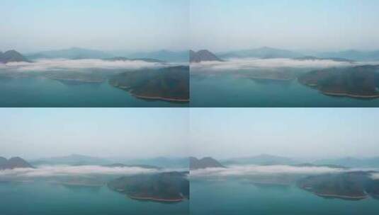 安徽省黄山市太平湖景区晨曦云雾航拍高清在线视频素材下载