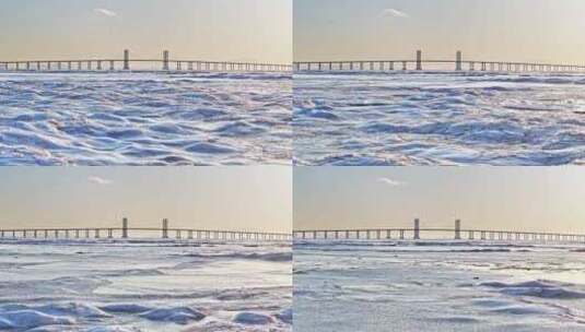 青岛胶州湾跨海大桥航拍结冰高清在线视频素材下载