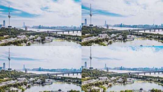 中国湖北武汉龟山电视塔和长江大桥延时摄影高清在线视频素材下载