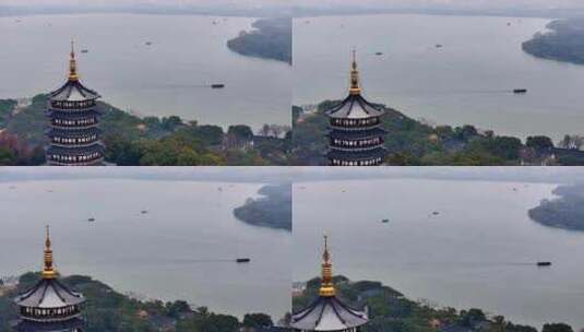 中国杭州西湖雷峰塔烟雨江南航拍高清在线视频素材下载