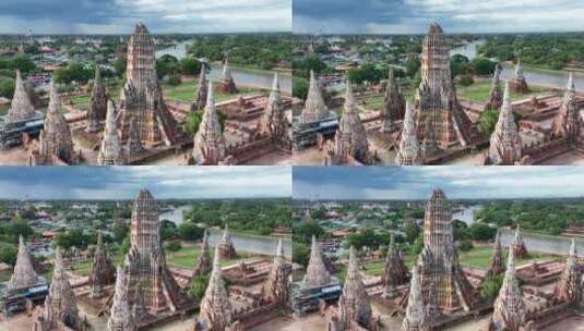 泰国大城府阿瑜陀耶遗址柴瓦塔娜兰寺航拍高清在线视频素材下载