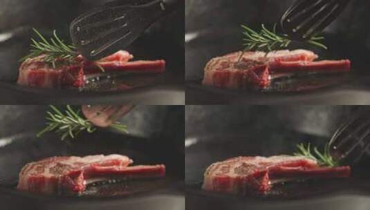 煎羊排羊肉铸铁锅煎锅平底锅美食特写高清在线视频素材下载