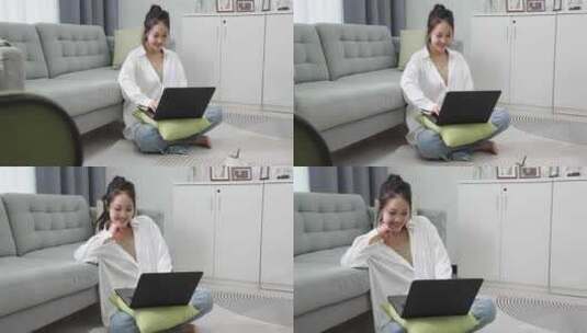 年轻女性在家使用电脑工作高清在线视频素材下载