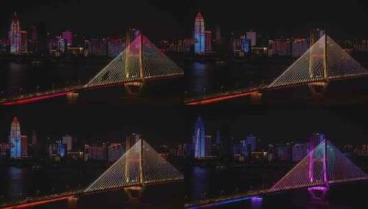 武汉城市地标建筑长江大桥夜景灯光秀高清在线视频素材下载