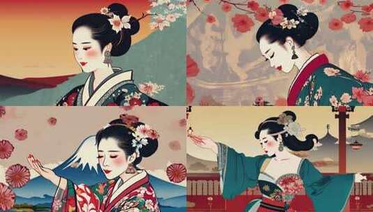 浮世绘风格日本歌姬插画(1)高清在线视频素材下载