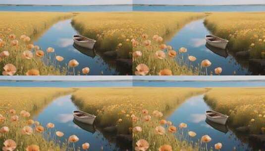 湖畔花海中的小船风景高清在线视频素材下载