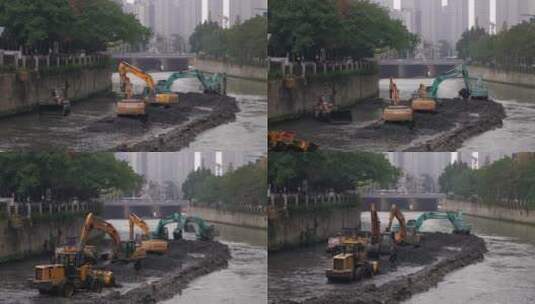 挖掘机在成都市区清理河道高清在线视频素材下载