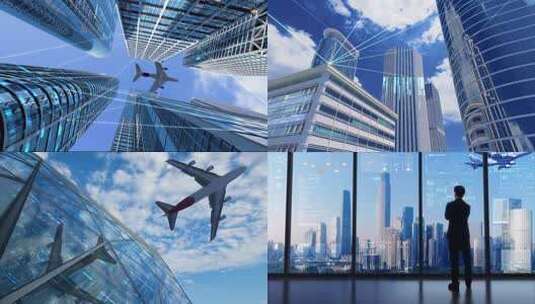 震撼飞机飞越CBD大楼科技经济金融发展高清在线视频素材下载