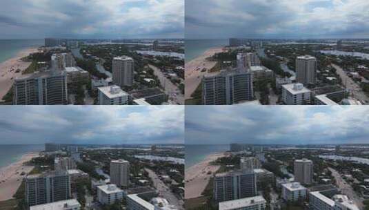 天空昏暗的酒店、定居点和别墅海滨度假胜地的无人机照片高清在线视频素材下载