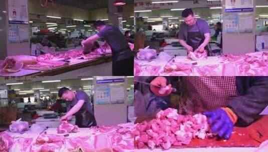 菜市场大肉铺工作中的商贩高清在线视频素材下载