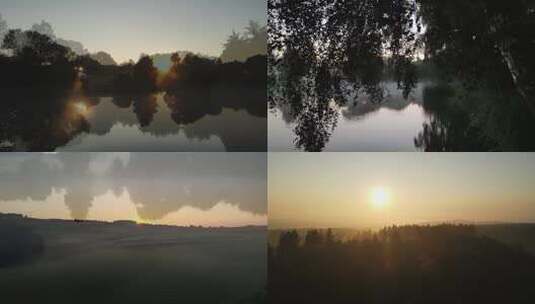 清晨湖泊森林雾气湖面雾气日出丁达尔阳光线高清在线视频素材下载