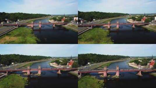 立陶宛考纳斯老城区内穿越涅穆纳斯河的维陶塔斯大桥鸟瞰图4高清在线视频素材下载