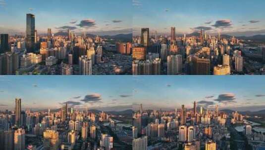 航拍深圳城市天际线荚状云金光时刻高清在线视频素材下载
