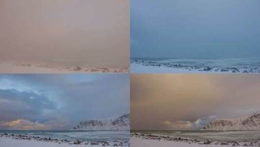 4K冬日风景雪景湖面云彩海面高清在线视频素材下载