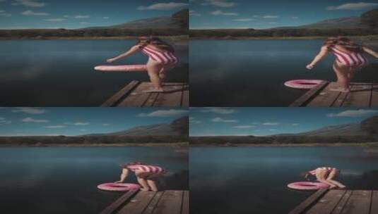 女人在海边跳水竖屏高清在线视频素材下载