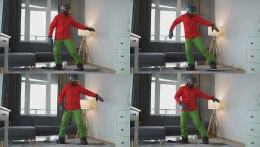 男人在家练习滑雪动作高清在线视频素材下载