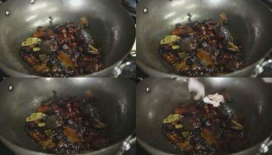 各种香料炒制底料卤肉高清在线视频素材下载