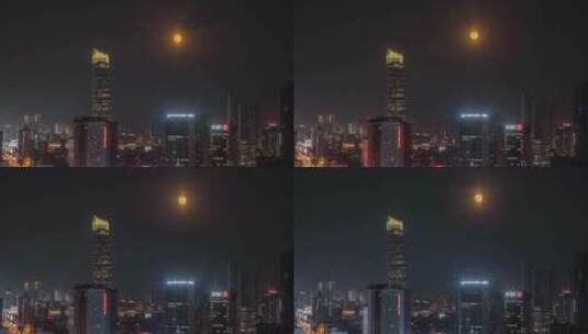 沈阳城市夜景恒隆超级大月亮升起过程延时高清在线视频素材下载