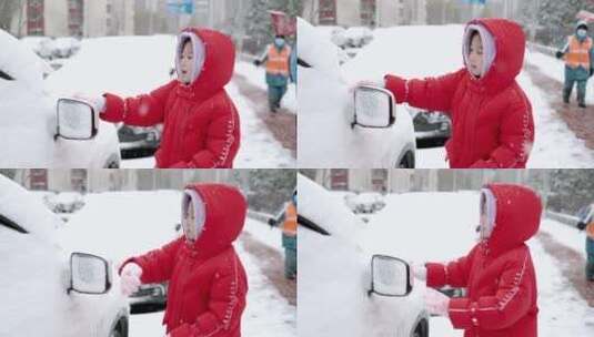 冬天清理汽车上积雪的中国女孩形象高清在线视频素材下载