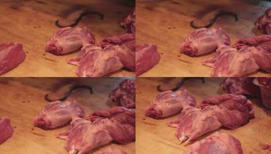 挂起来的猪肉猪肋骨高清在线视频素材下载