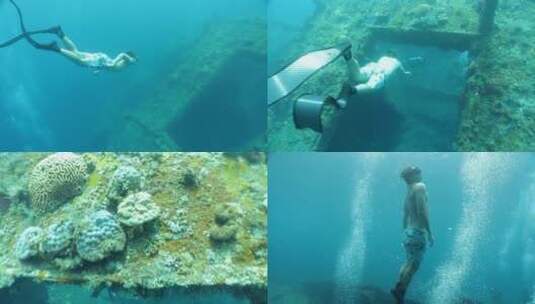 自由潜海底沉船高清在线视频素材下载
