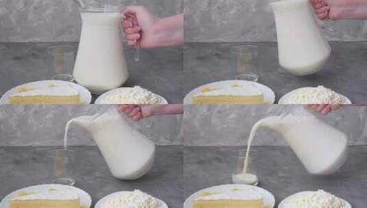 牛奶、乳酪、乳酪。新鲜乳制品。成人乳制品高清在线视频素材下载