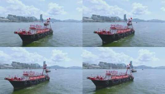 香港25艘大型渔船维港巡游庆祝回归25周年高清在线视频素材下载