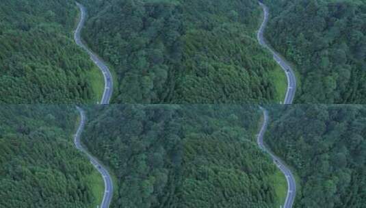俯视山林蜿蜒公路蓝色行车高清在线视频素材下载