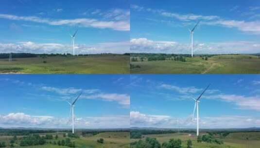 航拍风机建设 蓝天白云下的风机 绿水青山高清在线视频素材下载