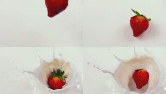 草莓落入牛奶高清在线视频素材下载