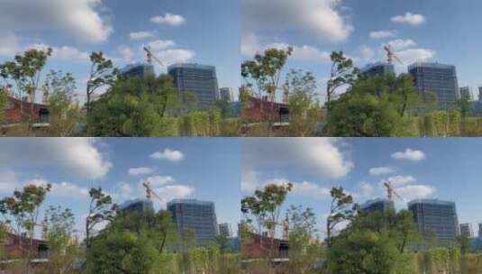 公园绿植蓝天白云塔吊建筑工地建筑高楼施工高清在线视频素材下载