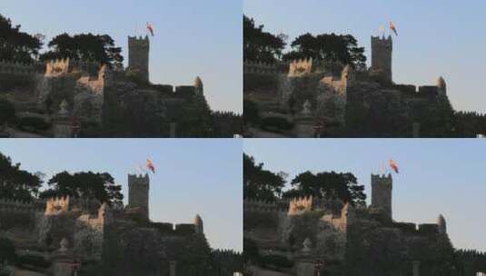 西班牙加利西亚拜奥纳城堡上空飘扬着旗帜高清在线视频素材下载
