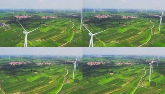 航拍乡村农田绿色能源风力发电机特写高清在线视频素材下载