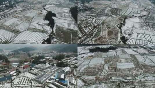 农田乡村冬天雪景4K航拍高清在线视频素材下载