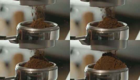 研磨机从咖啡机中填充烘焙咖啡高清在线视频素材下载