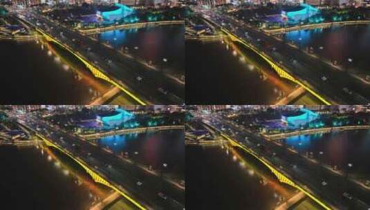 浙江省宁波市三江口桥梁夜景风光无人机航拍高清在线视频素材下载