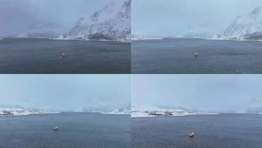 挪威罗弗敦群岛北极圈雷纳冬季雪景高空航拍高清在线视频素材下载