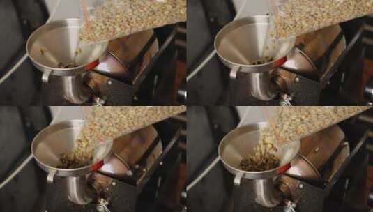 咖啡豆烘焙过程，将未烘焙的生种子倒入咖啡高清在线视频素材下载
