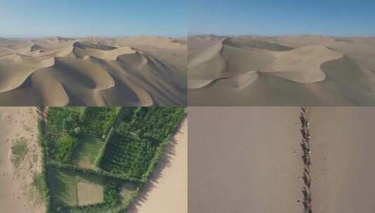 敦煌沙漠航拍骆驼队穿越沙漠高清在线视频素材下载