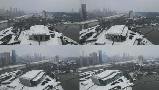 武汉汉阳区琴台大剧院雪景航拍高清在线视频素材下载