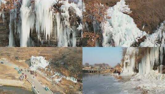 岩石上悬挂着冰柱的冬日雪景高清在线视频素材下载