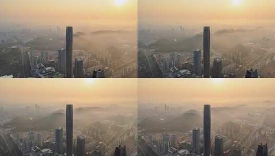 东莞南城CBD日出平流雾航拍高清在线视频素材下载