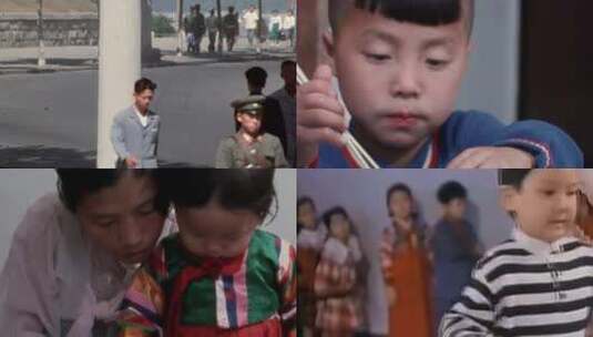上世纪朝鲜平壤城市居民菜市场购物少年儿童高清在线视频素材下载