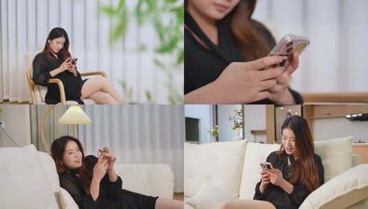 女生居家沙发刷手机高清在线视频素材下载