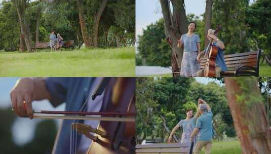 公园中老人演奏大提琴与伴唱高清在线视频素材下载