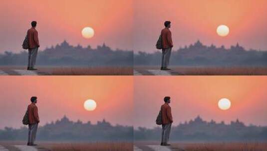 男子眺望远方城市剪影高清在线视频素材下载