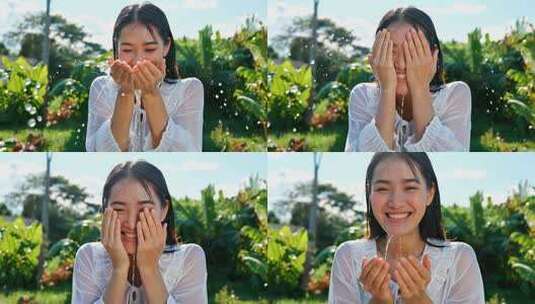 女子户外捧水洗脸素材高清在线视频素材下载