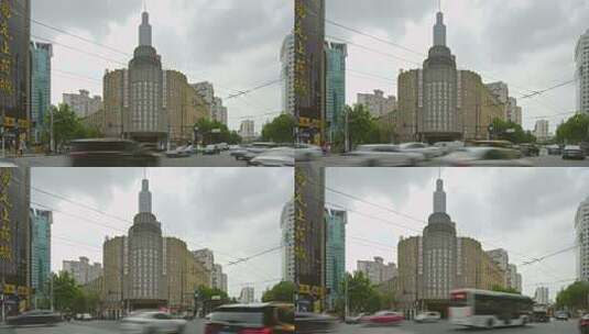 上海百乐门建筑人流车流慢门高清在线视频素材下载