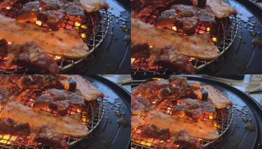 韩式烤肉烧烤炭火烤肉果木烤肉湖边野炊高清在线视频素材下载
